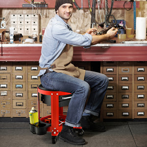 Rolling Mechanic Stool with Removable Padded Seat and Drawers-Red