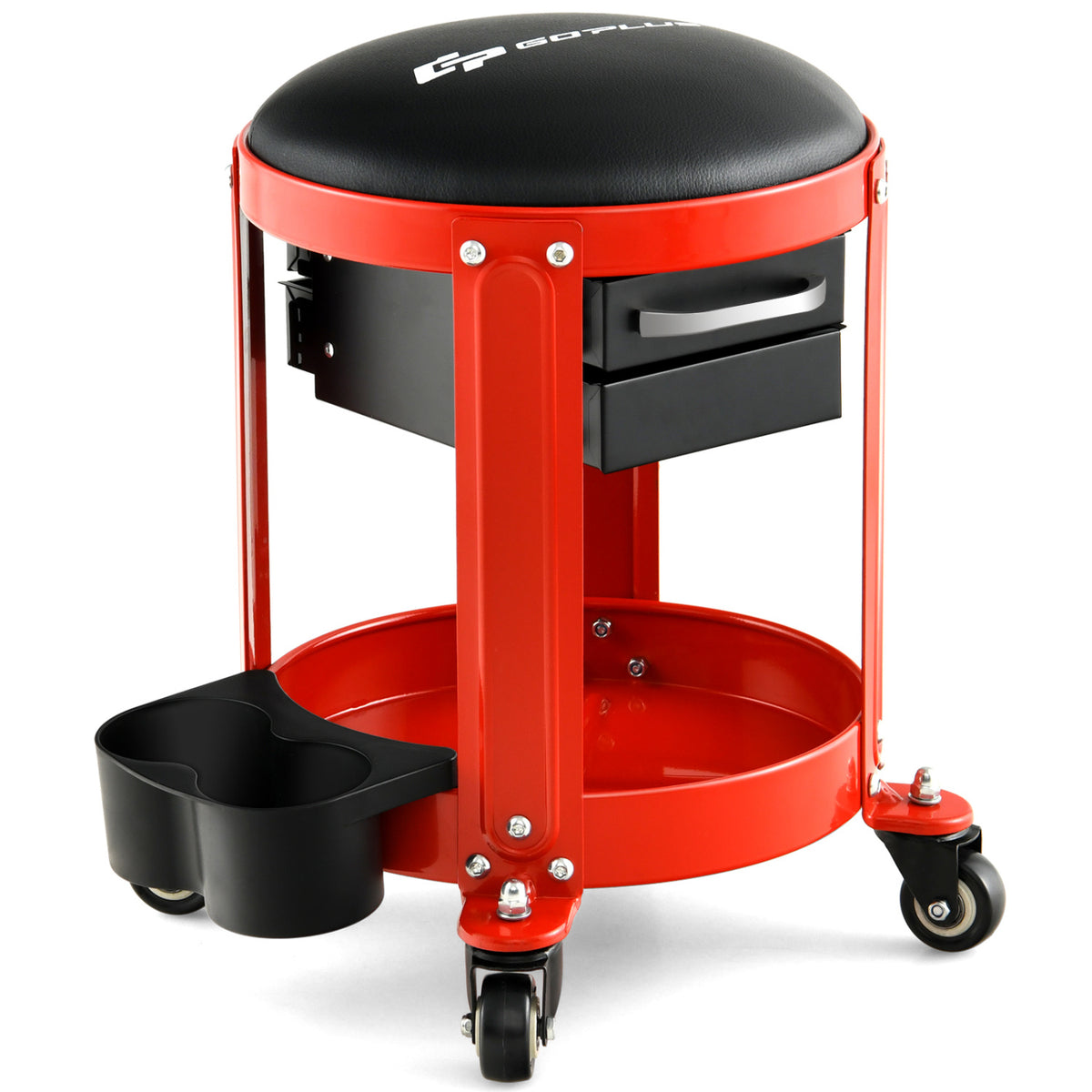 Rolling Mechanic Stool with Removable Padded Seat and Drawers-Red
