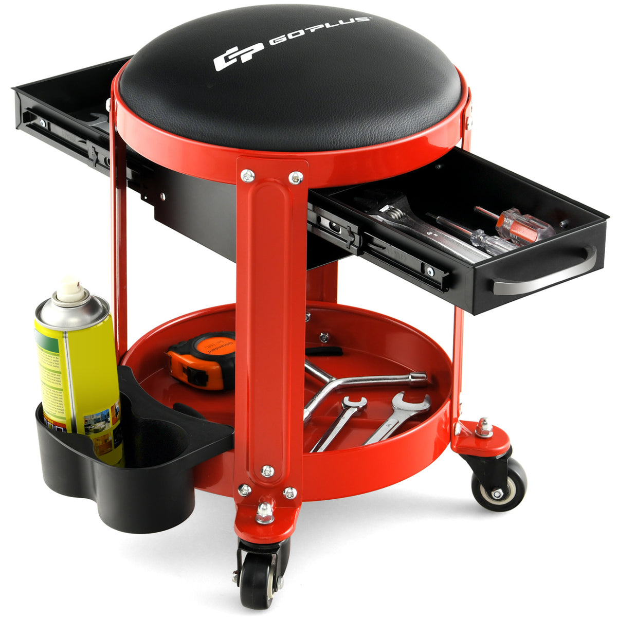 Rolling Mechanic Stool with Removable Padded Seat and Drawers-Red