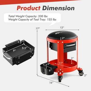 Rolling Mechanic Stool with Removable Padded Seat and Drawers-Red