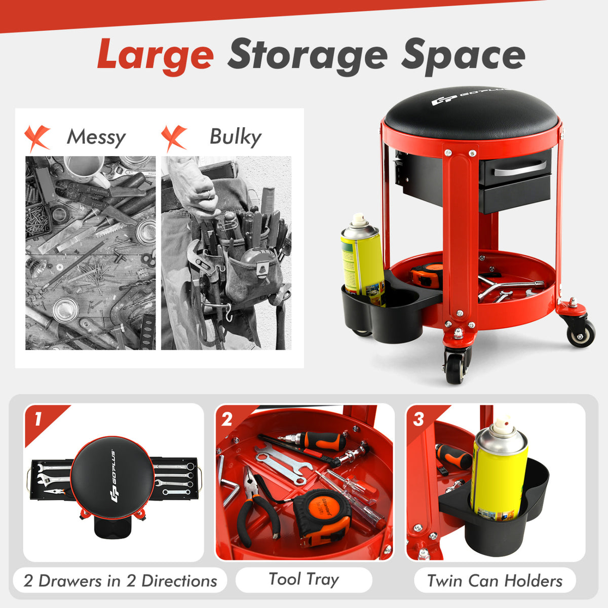 Rolling Mechanic Stool with Removable Padded Seat and Drawers-Red