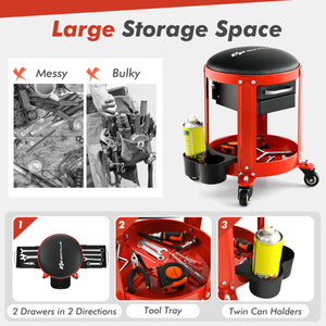 Rolling Mechanic Stool with Removable Padded Seat and Drawers-Red