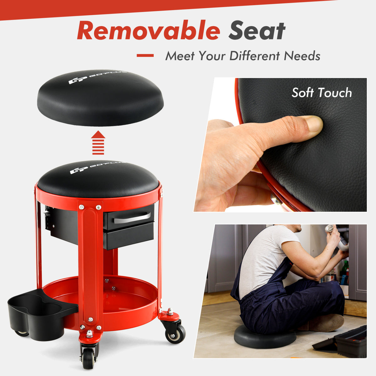 Rolling Mechanic Stool with Removable Padded Seat and Drawers-Red