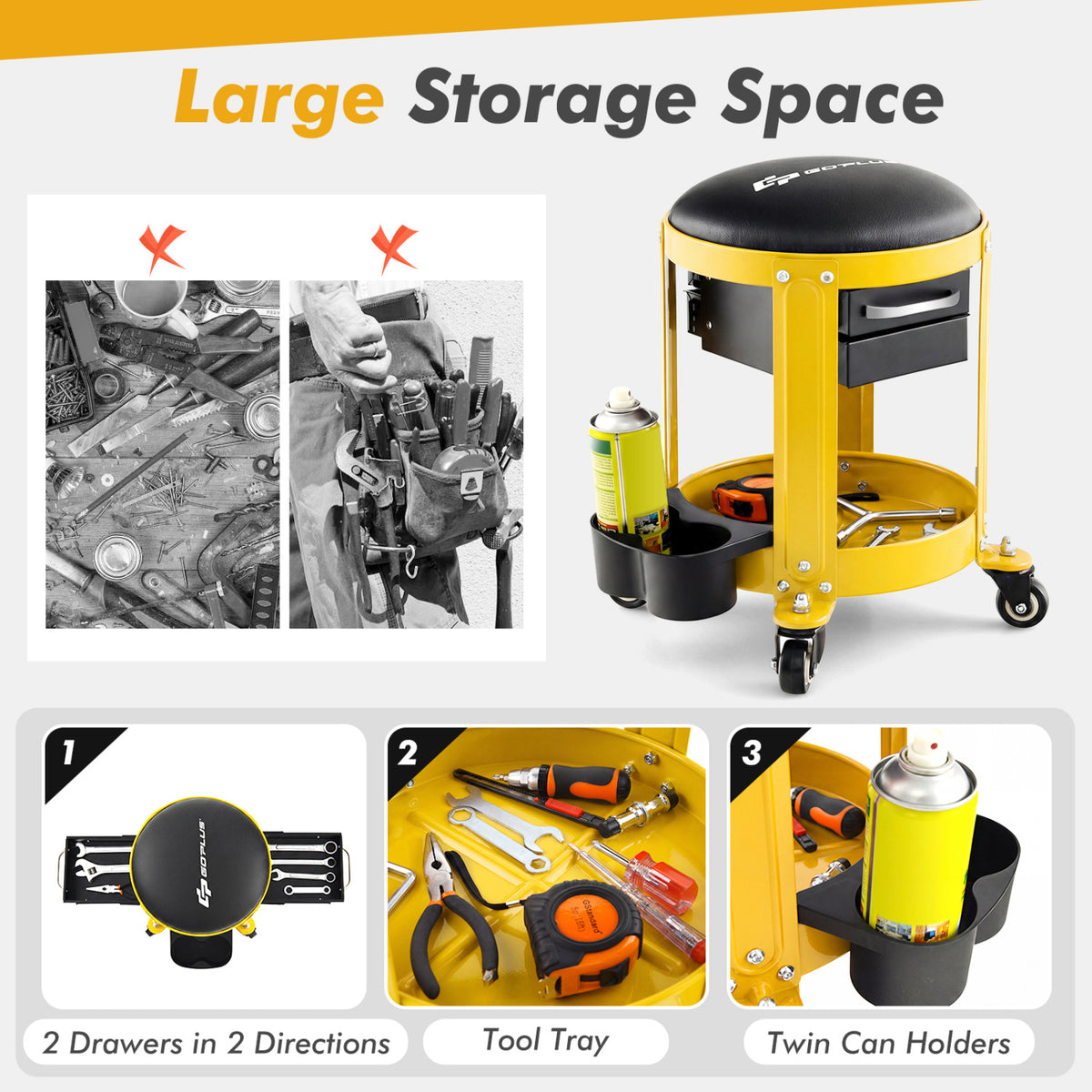Rolling Mechanic Stool with Removable Padded Seat and Drawers-Yellow
