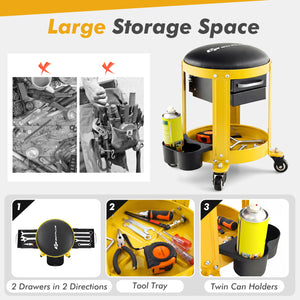 Rolling Mechanic Stool with Removable Padded Seat and Drawers-Yellow