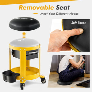 Rolling Mechanic Stool with Removable Padded Seat and Drawers-Yellow