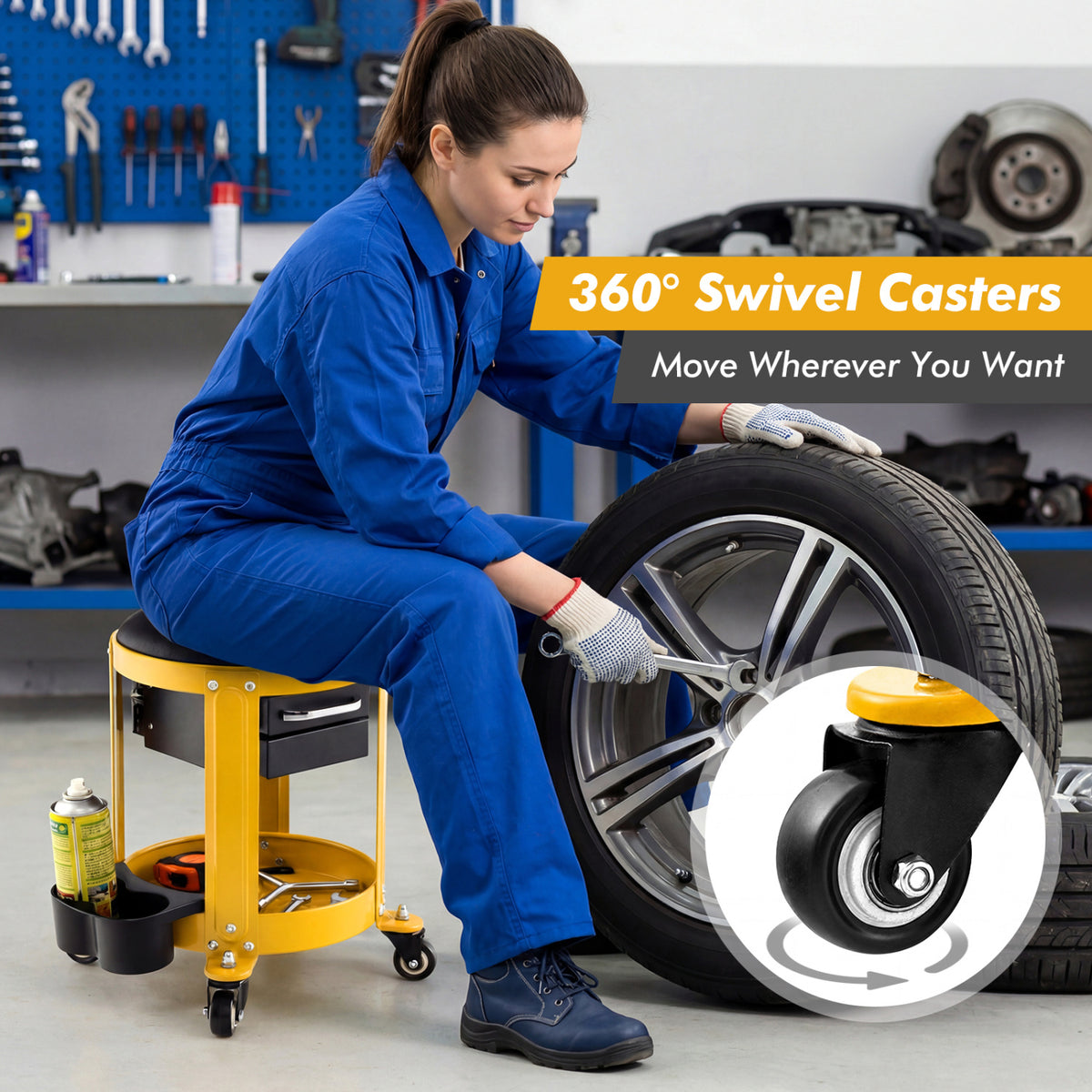 Rolling Mechanic Stool with Removable Padded Seat and Drawers-Yellow