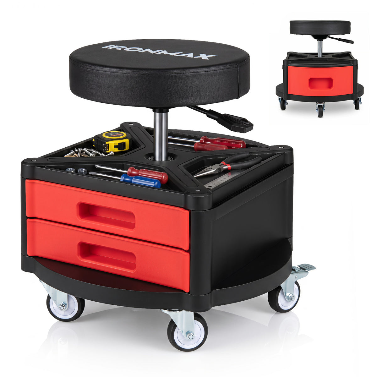 Rolling Mechanic Stool with Cushioned Seat & Dual Tool Trays 330 LBS-Red