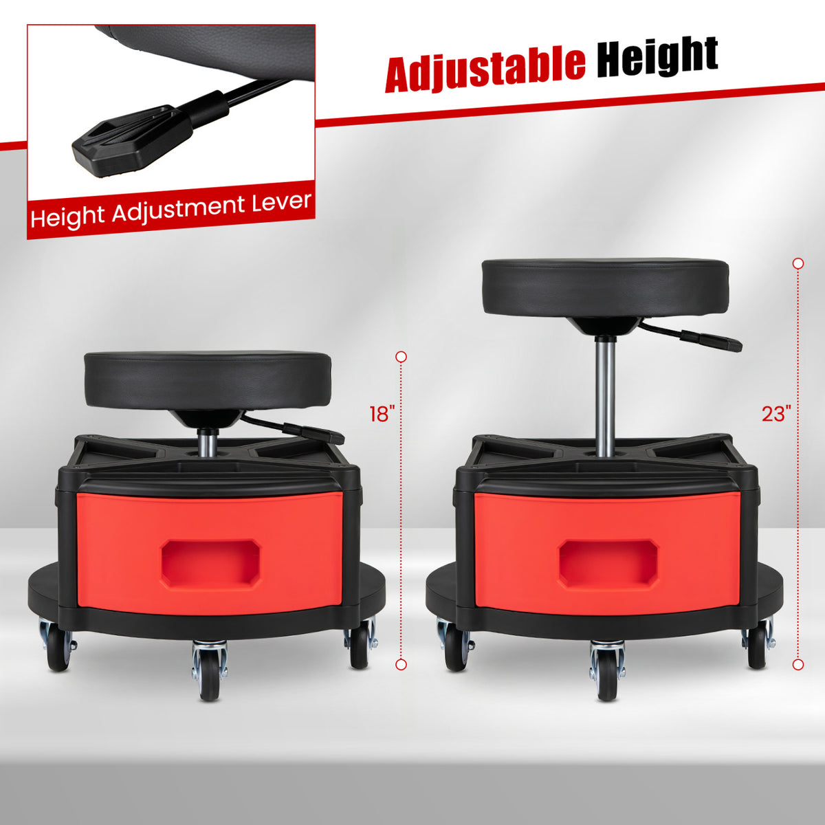 Rolling Mechanic Stool with Cushioned Seat & Dual Tool Trays 330 LBS-Red