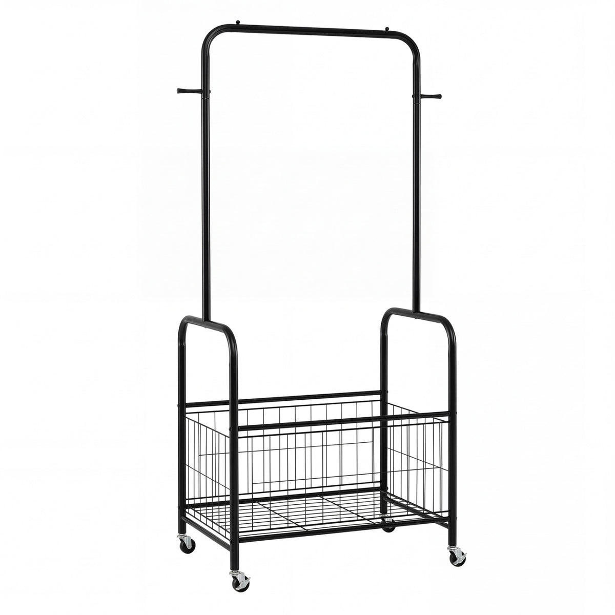 Rolling Metal Clothes Rack with Hanging Rod and Storage Basket-Black