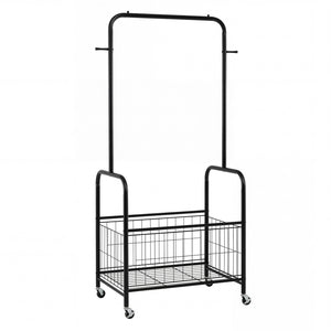 Rolling Metal Clothes Rack with Hanging Rod and Storage Basket-Black