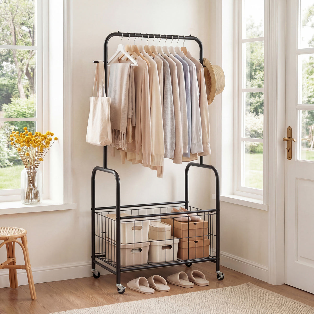 Rolling Metal Clothes Rack with Hanging Rod and Storage Basket-Black