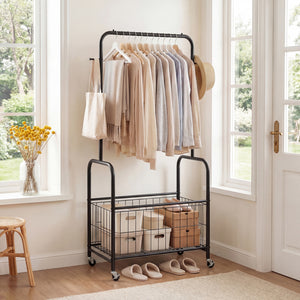 Rolling Metal Clothes Rack with Hanging Rod and Storage Basket-Black