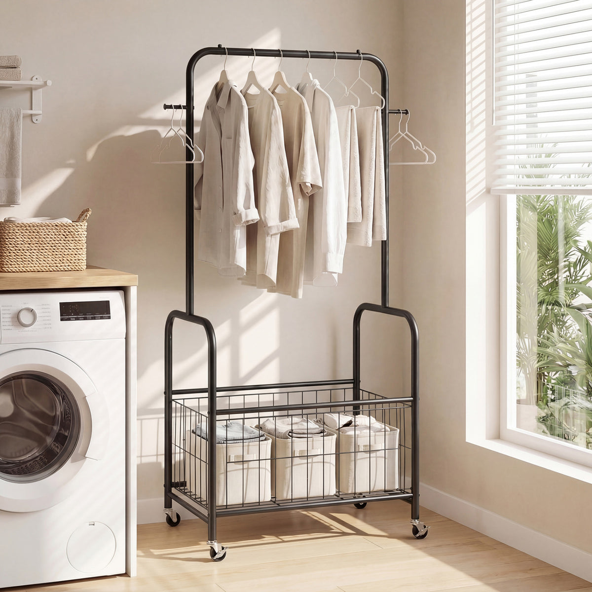 Rolling Metal Clothes Rack with Hanging Rod and Storage Basket-Black