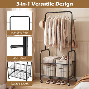 Rolling Metal Clothes Rack with Hanging Rod and Storage Basket-Black