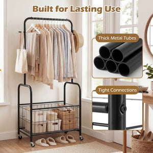 Rolling Metal Clothes Rack with Hanging Rod and Storage Basket-Black