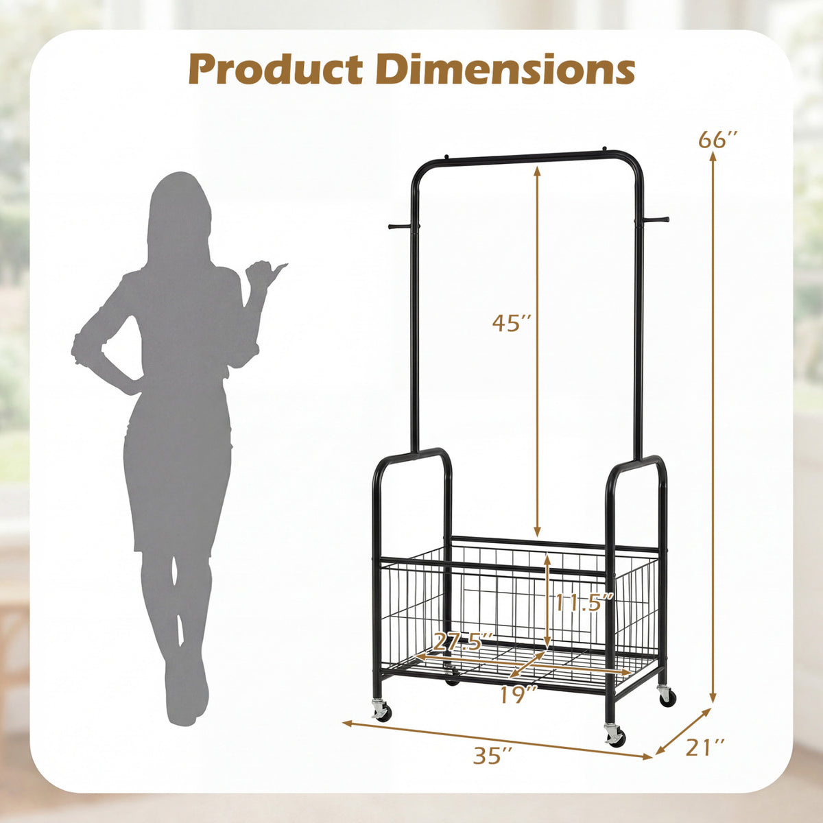 Rolling Metal Clothes Rack with Hanging Rod and Storage Basket-Black