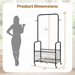 Rolling Metal Clothes Rack with Hanging Rod and Storage Basket-Black