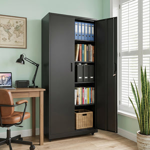 Rolling Metal Storage Cabinet 73 Inches Lockable File Cabinet with 4 Smooth Wheels-Black