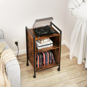 Mobile Record Player Stand with Power Outlet-Rustic Brown