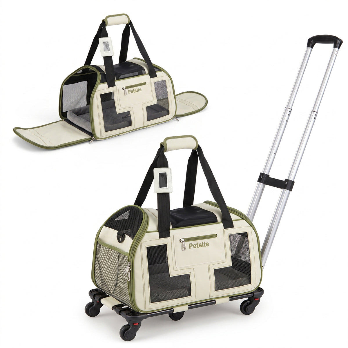 Rolling Pet Carrier with Wheels & Telescopic Handle and Mesh Windows for Pets-Green