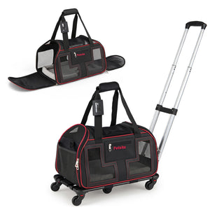 Rolling Pet Carrier with Wheels & Telescopic Handle and Mesh Windows for Pets-Red