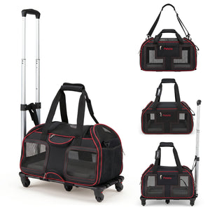 Rolling Pet Carrier with Wheels & Telescopic Handle and Mesh Windows for Pets-Red