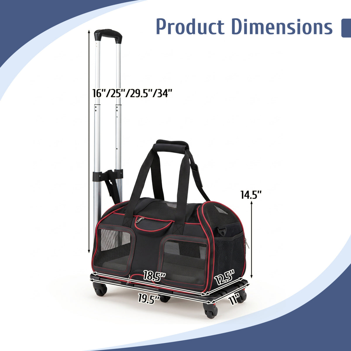 Rolling Pet Carrier with Wheels & Telescopic Handle and Mesh Windows for Pets-Red