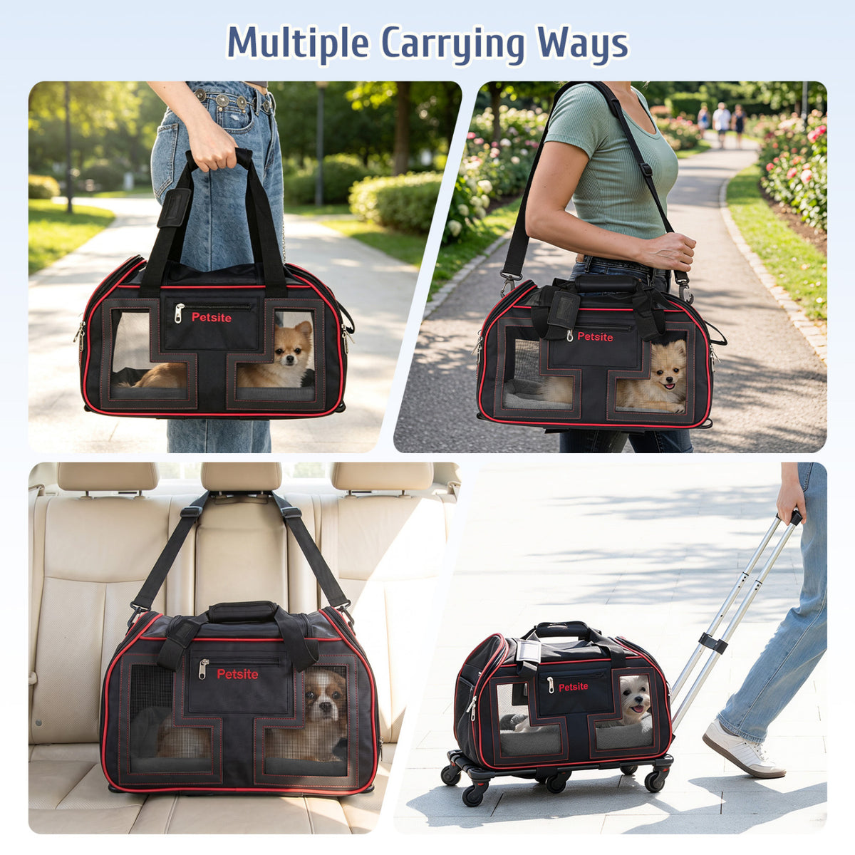 Rolling Pet Carrier with Wheels & Telescopic Handle and Mesh Windows for Pets-Red