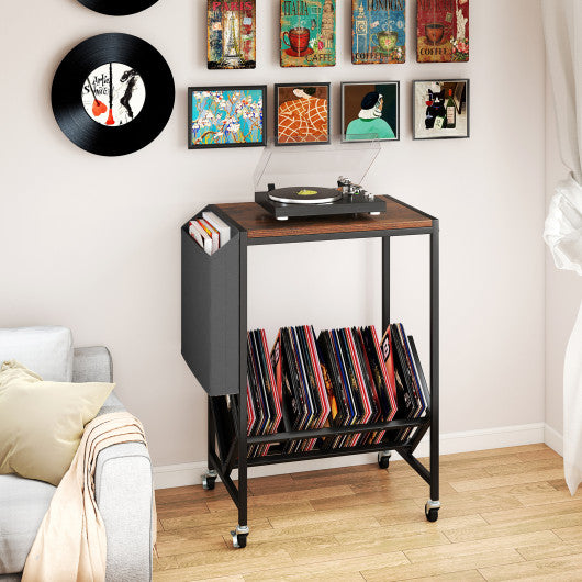 Rolling Record Player Stand 2-Tier with Vinyl Storage and Magazine Holder Bag-Rustic Brown