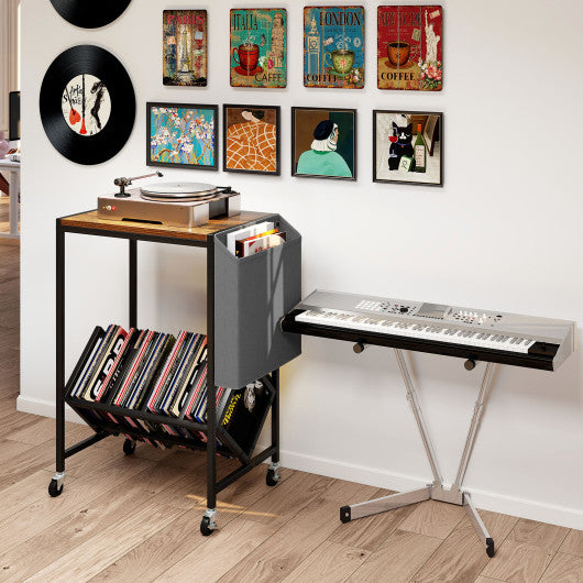 Rolling Record Player Stand 2-Tier with Vinyl Storage and Magazine Holder Bag-Rustic Brown