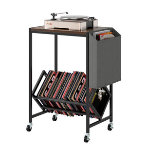 Rolling Record Player Stand 2-Tier with Vinyl Storage and Magazine Holder Bag-Rustic Brown