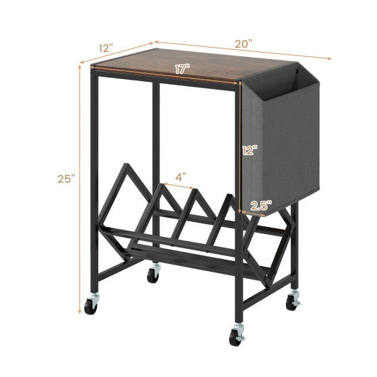 Rolling Record Player Stand 2-Tier with Vinyl Storage and Magazine Holder Bag-Rustic Brown