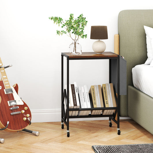 Rolling Record Player Stand 2-Tier with Vinyl Storage and Magazine Holder Bag-Rustic Brown