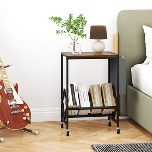 Rolling Record Player Stand 2-Tier with Vinyl Storage and Magazine Holder Bag-Rustic Brown