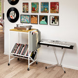 Rolling Record Player Stand 2-Tier with Vinyl Storage and Magazine Holder Bag-Natural