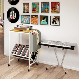 Rolling Record Player Stand 2-Tier with Vinyl Storage and Magazine Holder Bag-Natural
