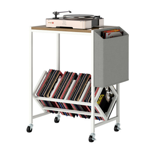 Rolling Record Player Stand 2-Tier with Vinyl Storage and Magazine Holder Bag-Natural