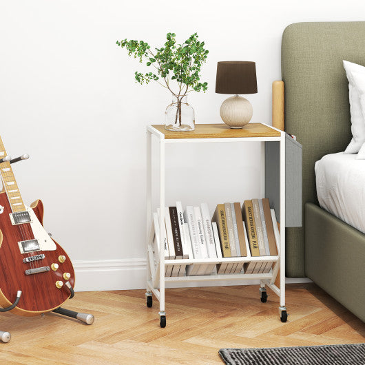 Rolling Record Player Stand 2-Tier with Vinyl Storage and Magazine Holder Bag-Natural