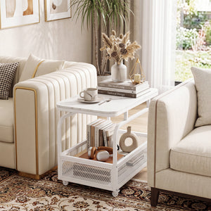 Rolling Side Table 2-Tier Narrow End Table with Mesh Storage Basket-White