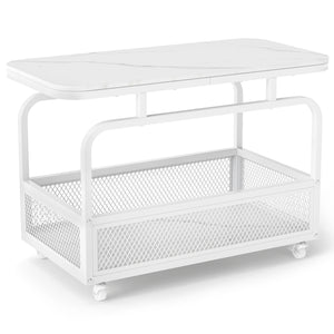 Rolling Side Table 2-Tier Narrow End Table with Mesh Storage Basket-White