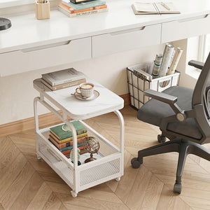 Rolling Side Table 2-Tier Narrow End Table with Mesh Storage Basket-White