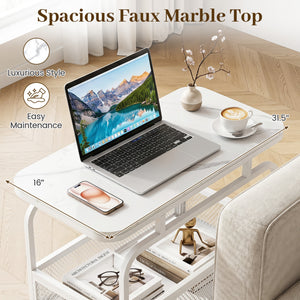 Rolling Side Table 2-Tier Narrow End Table with Mesh Storage Basket-White