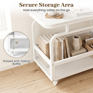 Rolling Side Table 2-Tier Narrow End Table with Mesh Storage Basket-White