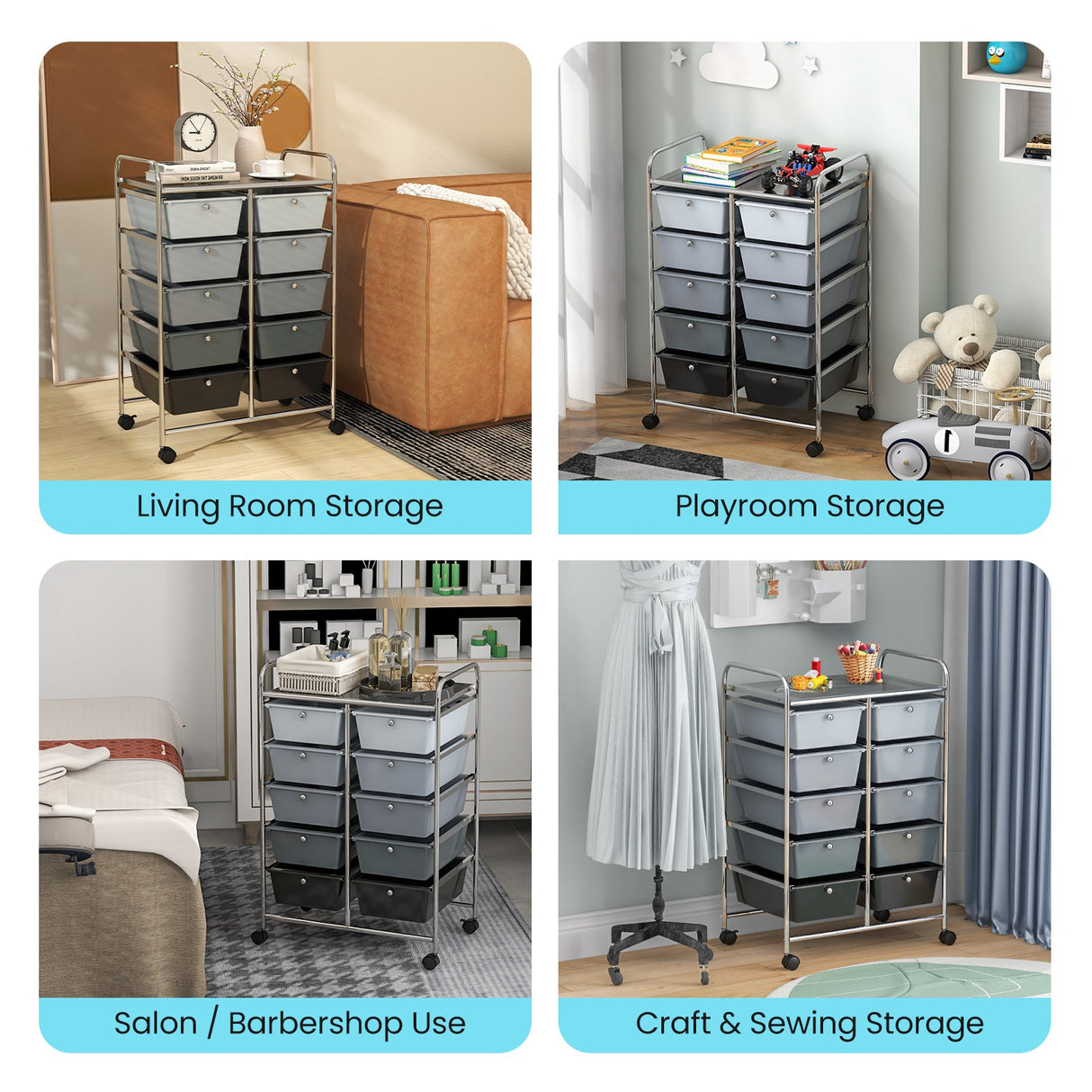 10-Drawer Rolling Storage Cart-Gray by DirectDeals