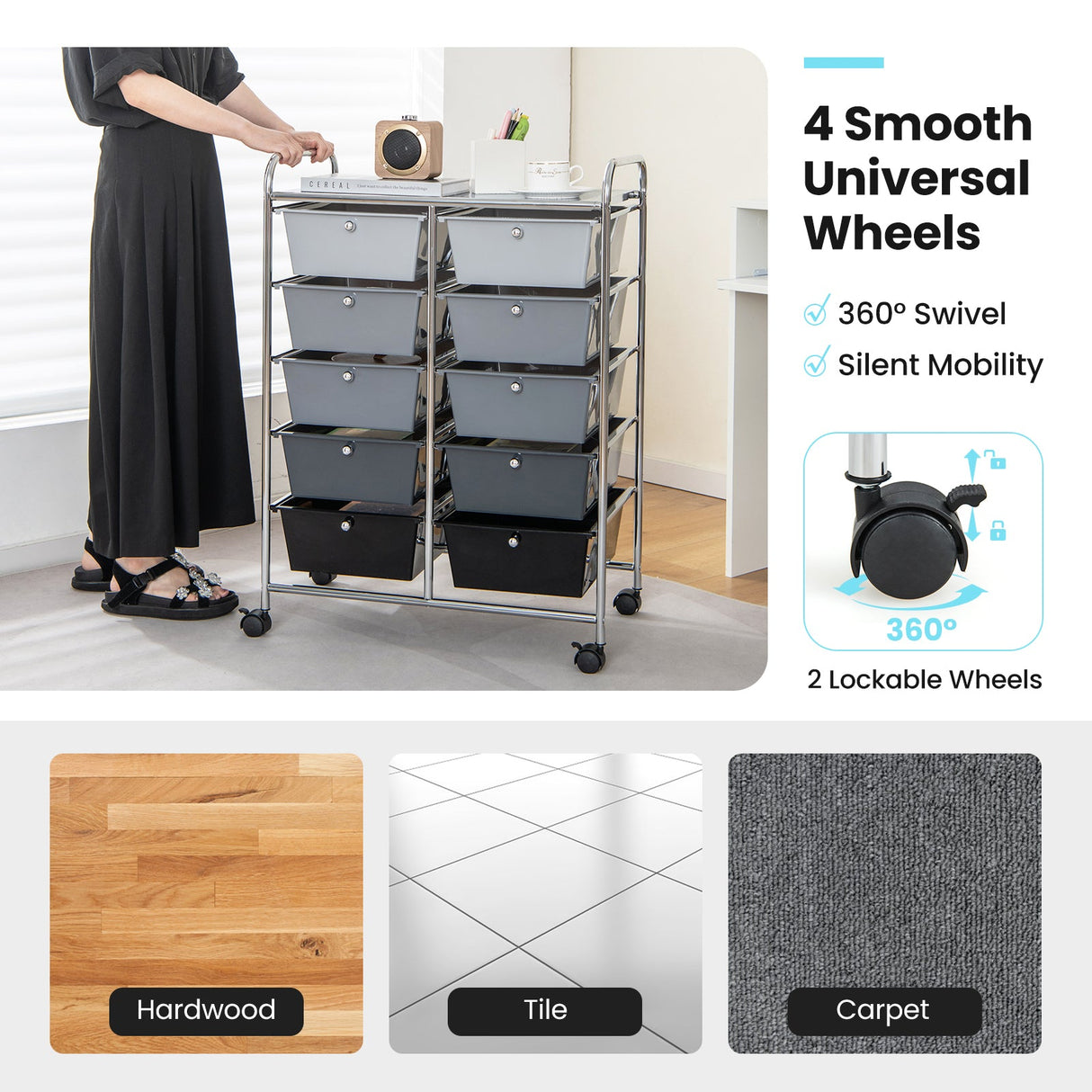 10-Drawer Rolling Storage Cart-Gray by DirectDeals