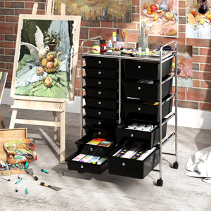 Rolling Storage Cart 15-Drawer Trolley with Chrome Plated Metal Frame-Black