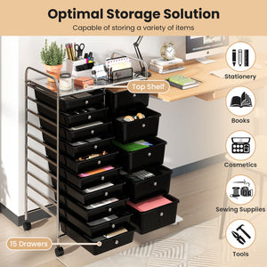 Rolling Storage Cart 15-Drawer Trolley with Chrome Plated Metal Frame-Black