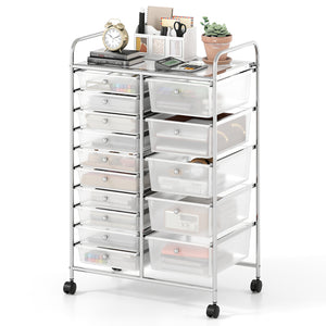 Rolling Storage Cart 15-Drawer Trolley with Chrome Plated Metal Frame-Transparent