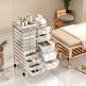 Rolling Storage Cart 15-Drawer Trolley with Chrome Plated Metal Frame-Transparent